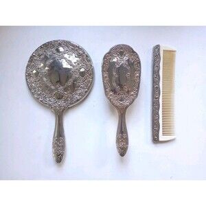 Vintage Vanity Mirror Brush Comb Set Ornate Victorian Design Heavy Silver Tone